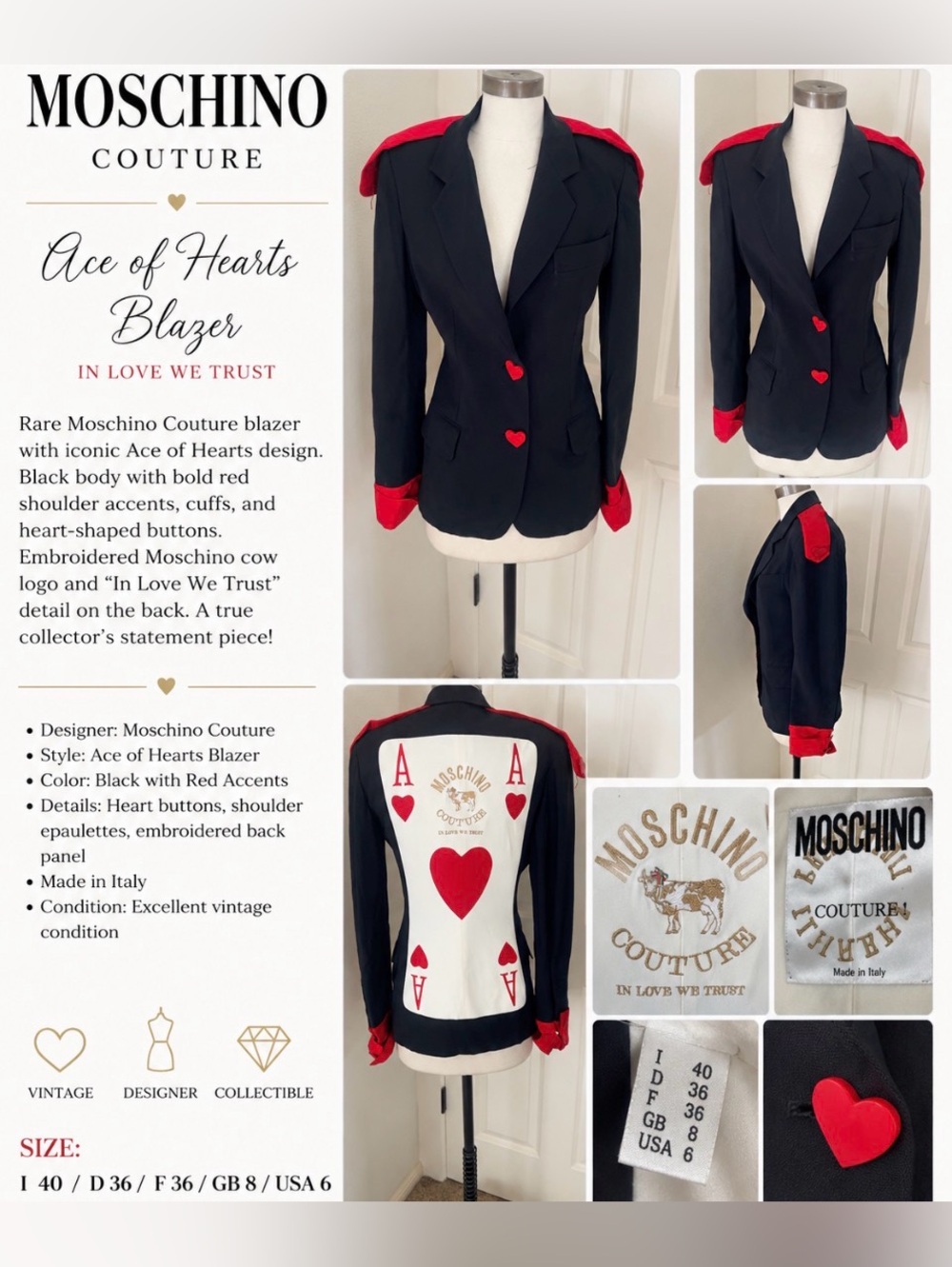 Ace of Hearts Blue Blazer with Red Accents very rare Moschino blazer